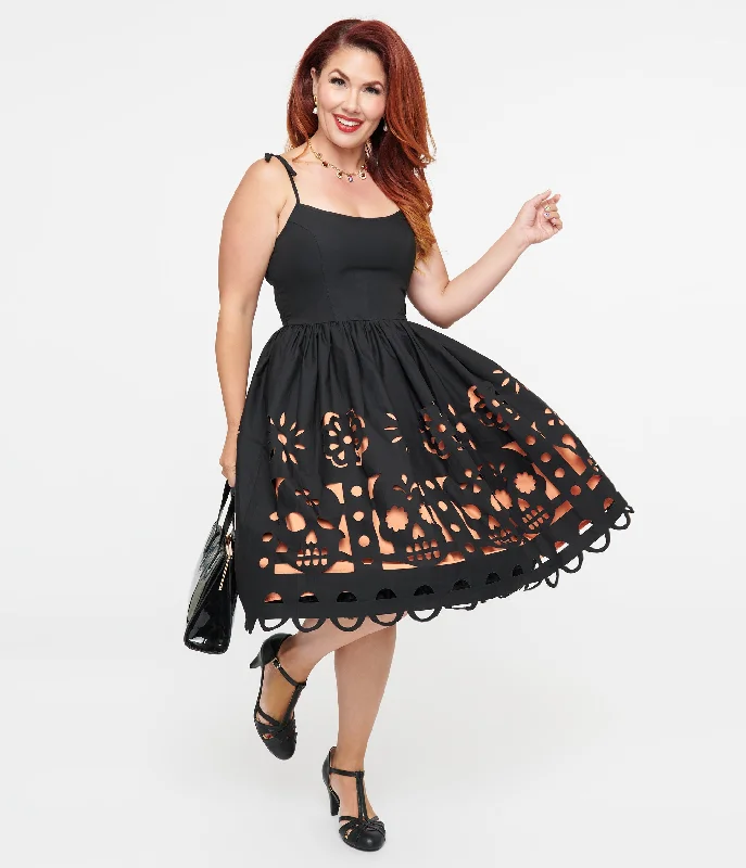 Unique Vintage 1950s Black & Orange Dia De Los Muertos Cutout Bobbie Swing Dress Women's Clothing With Trendy Designs