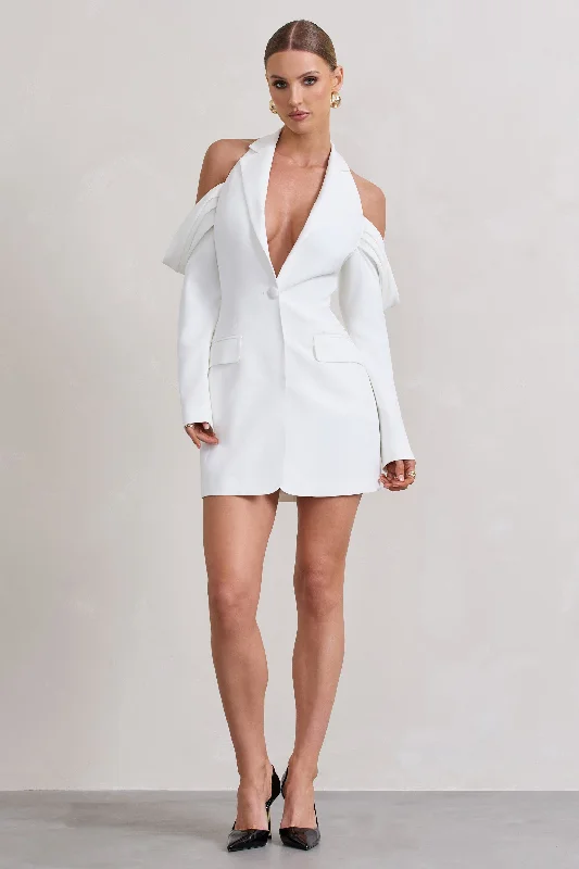 Your Night | White Plunge Draped Blazer Dress Charming Women's Holiday Apparel