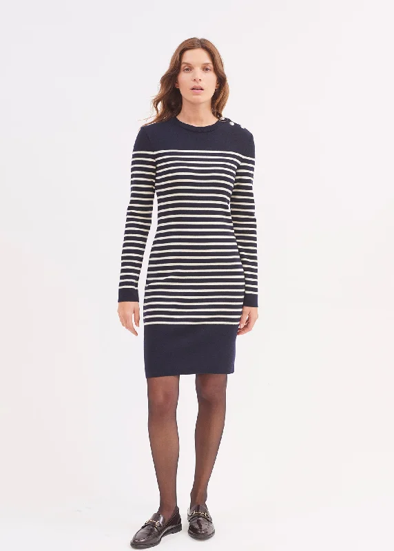 Grande Marée striped jumper dress - in wool, shoulder buttoning (NAVY/ECUME) Online Impressions Boutique