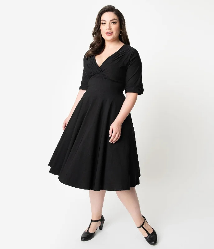 Unique Vintage Plus Size Black Delores Swing Dress with Sleeves Summer Sale