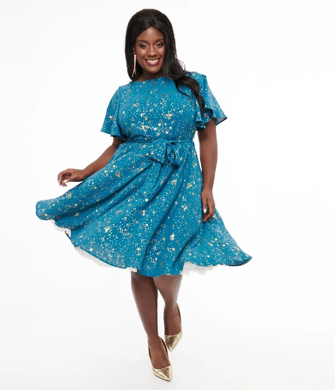 Unique Vintage Plus Size 1930s Teal & Gold Star Swing Dress Women Apparel