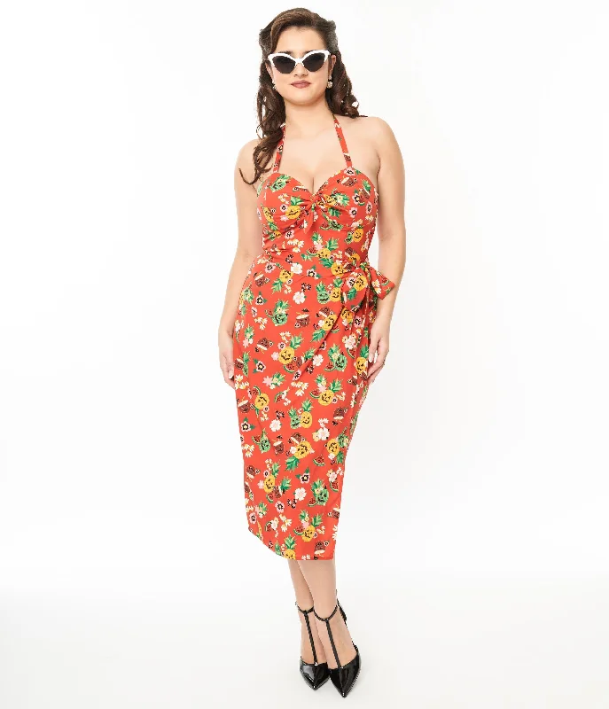 Unique Vintage 1950s Rust & June-O-Ween Fruit Print Leilani Sarong Dress Women's Casual Clothing For Lounging