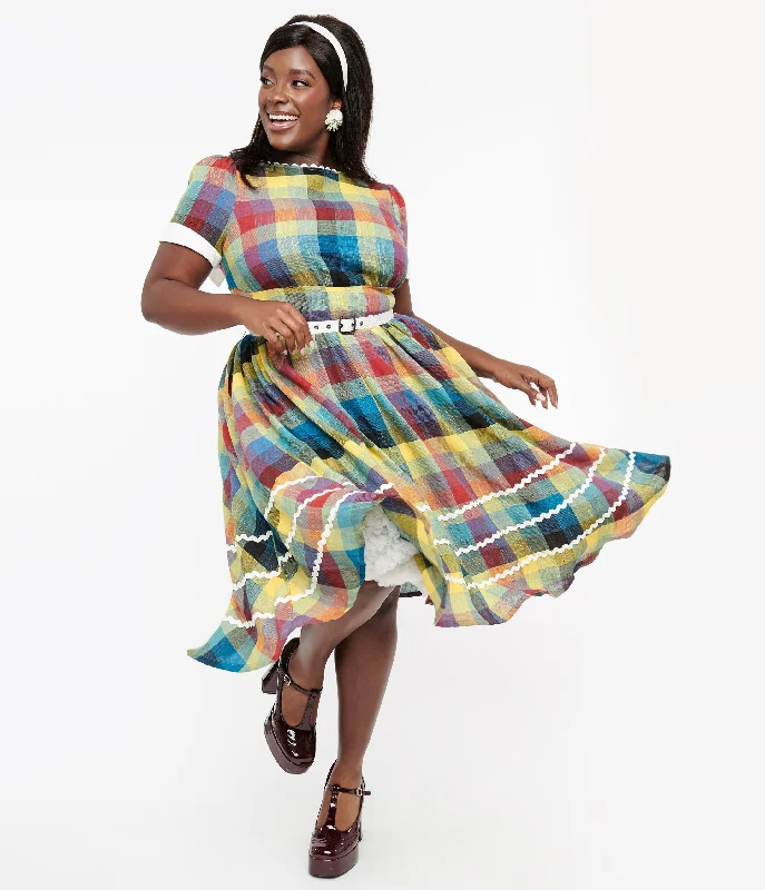 Unique Vintage Plus Size 1950s Multicolor Plaid Cotton Swing Dress Timeless Women's Clothing