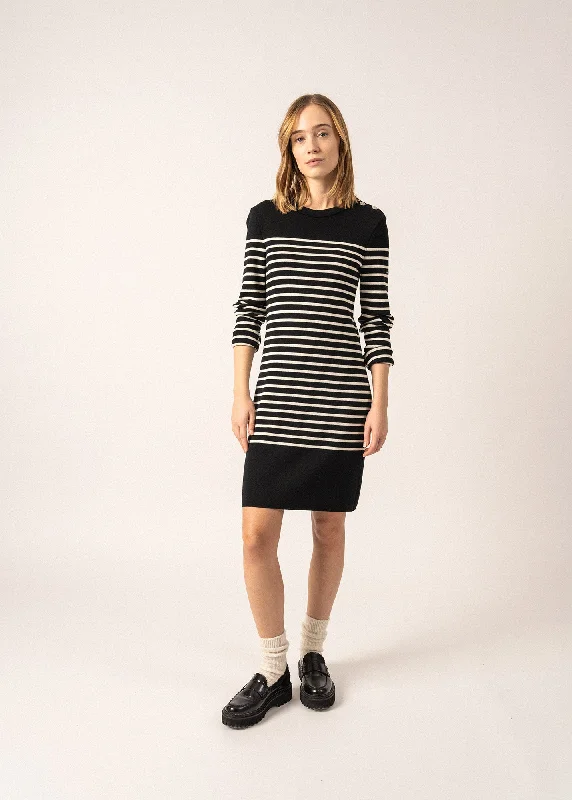 Grande Marée striped jumper dress - in wool, shoulder buttoning (NOIR/ECUME) Flash Discount