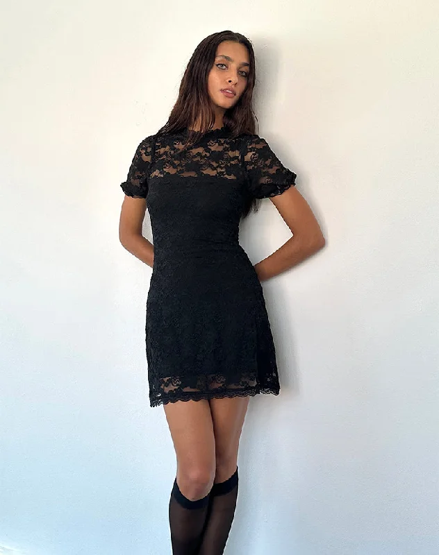 Adele Mini Tea Dress in Black Jasmine Lace Chic Clothing For Women