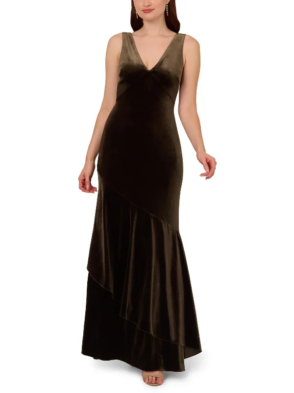 Womens Velvet Flounce Hem Evening Dress Women Clothes