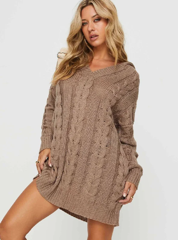 Verno Cable Knit Sweater Dress Oatmeal Women's Office Clothing