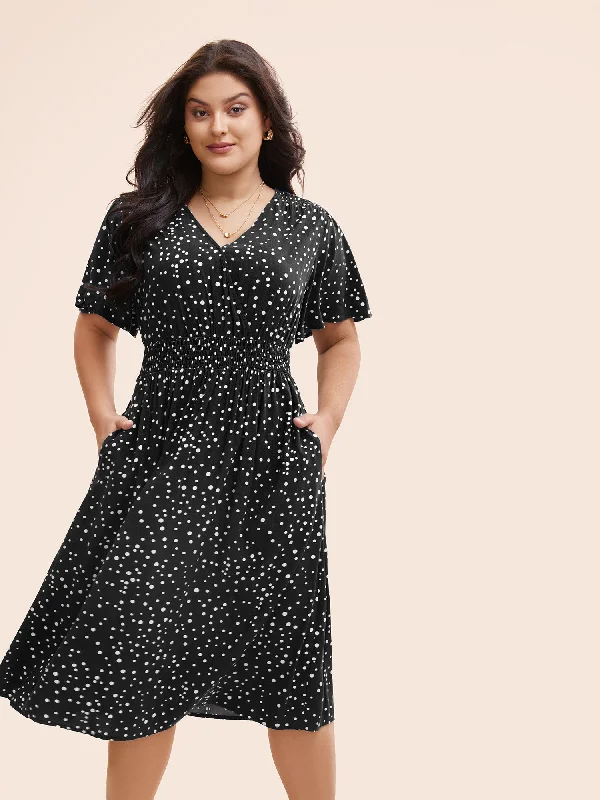 Polka Dot Wrap Pocket Shirred Ruffle Sleeve Dress Women's Activewear Apparel