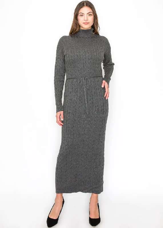 Long Grey Knit Dress with Belt Women's Casual Apparel