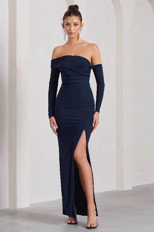 Stand Out | Navy Bardot Ruched Maxi With Sleeves And Side Split Comfortable Women's Clothing