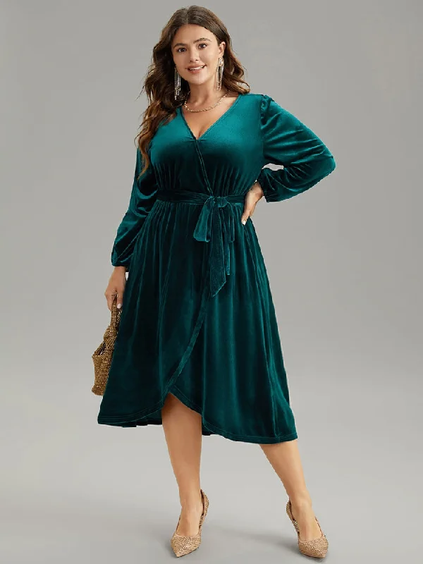 Solid Velvet Belted Wrap Arc Hem Dress Women's Travel Apparel