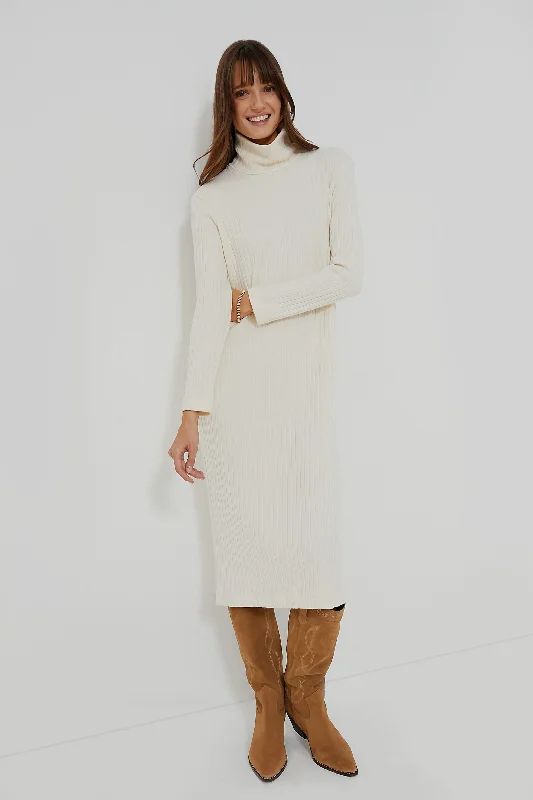 Creme Sweater Rib Turtleneck Dress Women's Trendy Casual Clothes