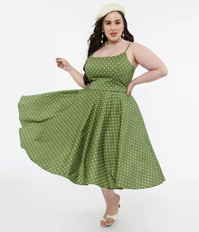 1950s Olive Green & White Polka Dot Peggy Cotton Swing Dress Preppy Style