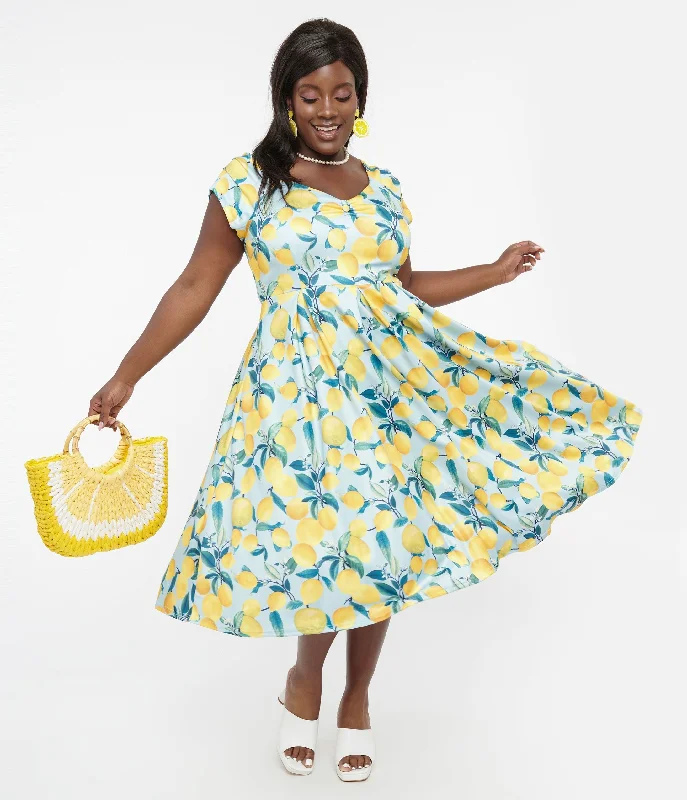 Dolly & Dotty 1950s Blue & Yellow Lemon Off The Shoulder Lily Swing Dress Casual Chic Clothing For Women