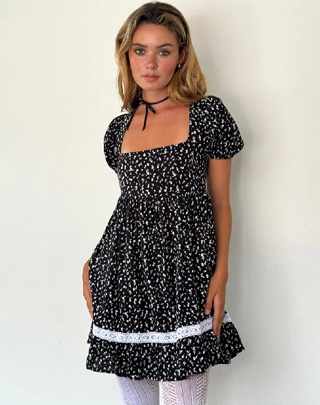 Beling Mini Tea Dress in Black Ditsy Romance Vintage Clothing For Women