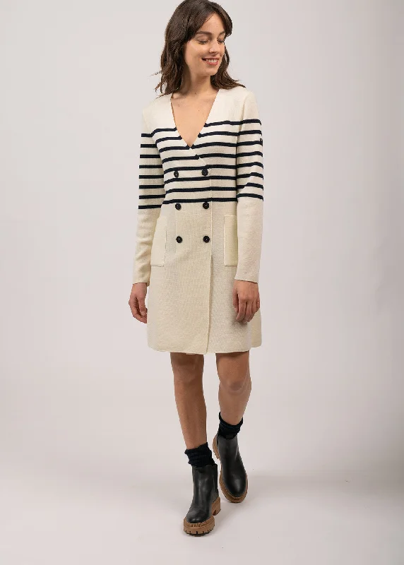 Royale striped dress in wool - crossed V neck (ECUME/NAVY) Women's Clothing Boutique