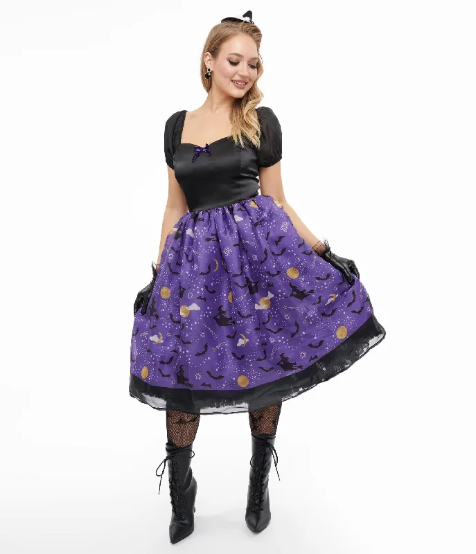 Unique Vintage Light Up 1950s Black & Purple Witch Swing Dress Exclusive Discount