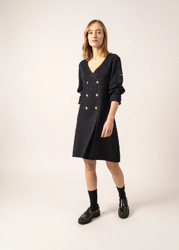 Royale Lurex Wool Wrap Dress - with crossover V-neck (NAVY/CHAMPAGNE) Winter Wardrobe Clearance