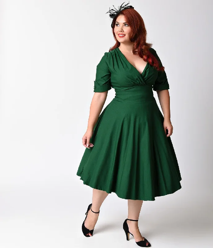 Unique Vintage Plus Size Emerald Green Delores Swing Dress with Sleeves Winter Wardrobe Clearance