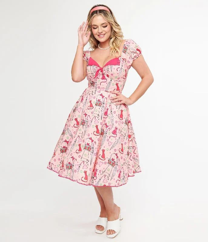 Unique Vintage 1950s Pink Caturday Print Cotton Swing Dress Affordable Fashion Clothing For Women