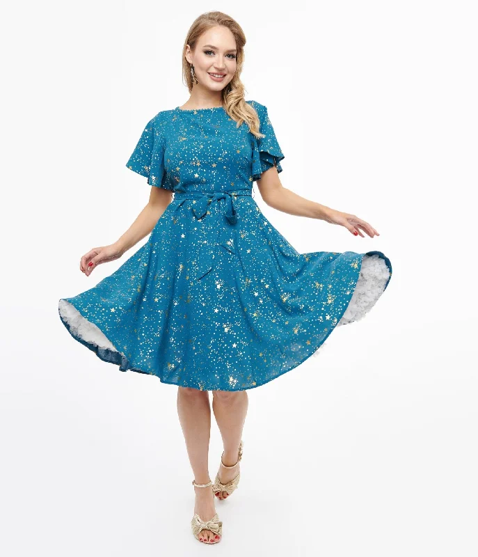 Unique Vintage 1930s Teal & Gold Star Swing Dress New Arrival Discounts