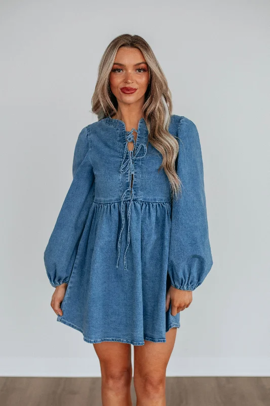 Paisley Denim Dress Women's Formal Event Outfit