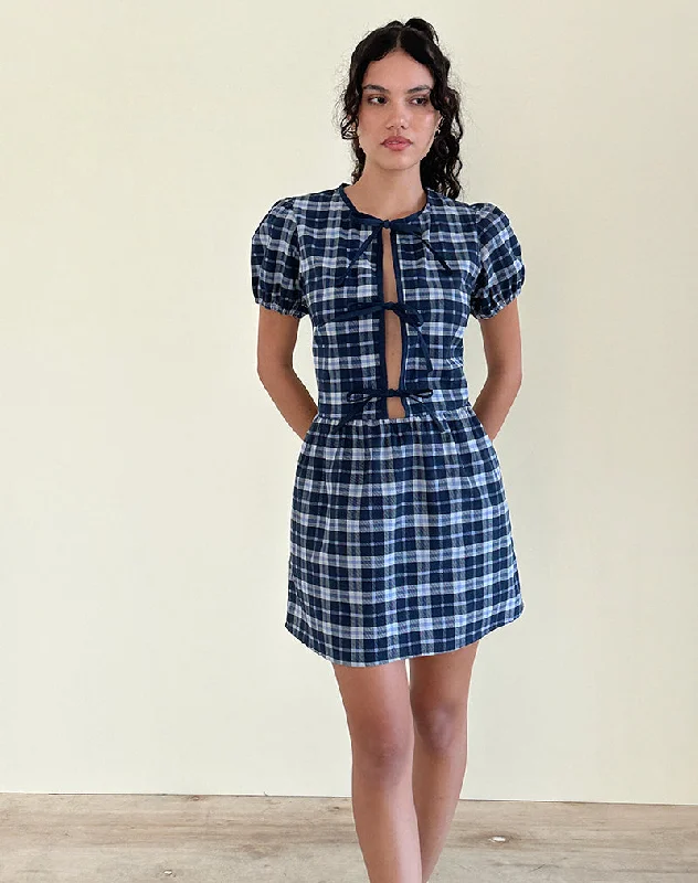 Byan Tie Front Dress in Tartan Dark Blue Women's Professional Clothes