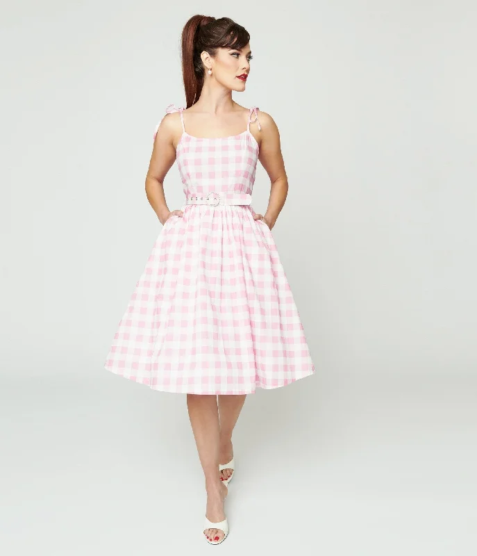 Unique Vintage Pink & White Gingham Bobbie Swing Dress Seasonal Sale