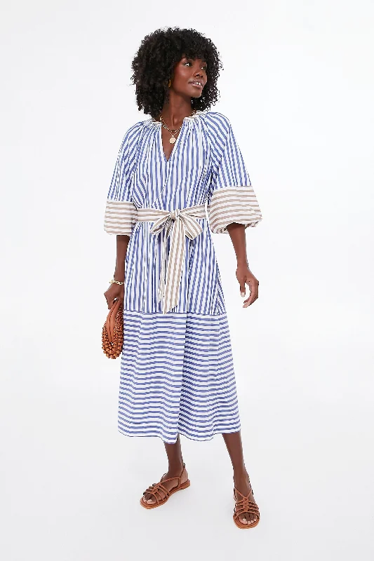 Tan and Blue Stripe Combo Sun Mesa Midi Modern Women's Fashion with Vintage Touches