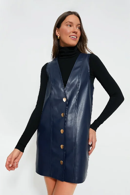 Navy Faux Leather Pinafore Dress Formal Clothing For Women