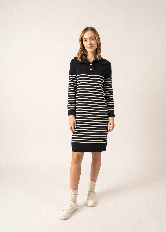 Vague Striped Wool Dress - with buttoned collar (NAVY/ECUME) Summer Sale