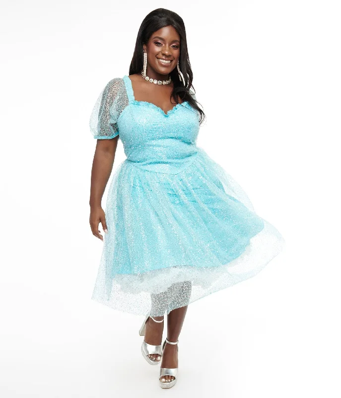 Disney Princess collection by Unique Vintage Plus Size Blue Sequin Mesh Short Sleeve Cinderella Dress Women Clothes