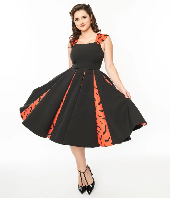 Unique Vintage 1950s Orange & Black Bat Stripe Swing Dress Women's Fashionable Clothing Sets