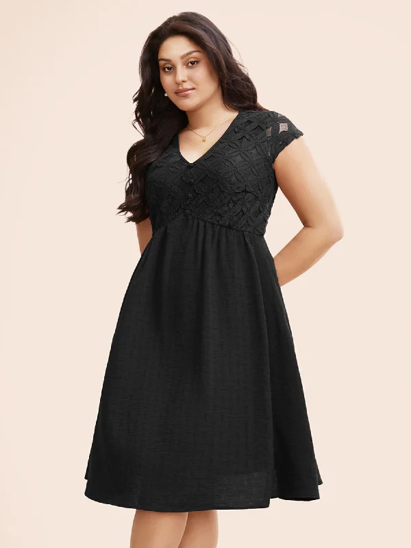 Plain Lace Panel Cap Sleeve Dress Casual Fashion Trends for Women