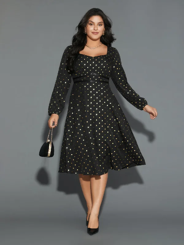 Glitter Polka Dot Heart Neckline Dress Women's Office Clothing