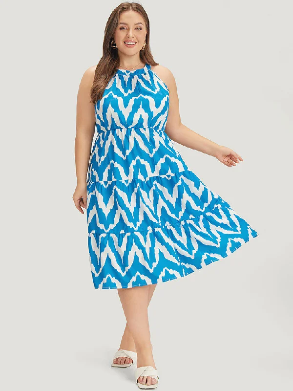 Geometric Print Halter Pocket Ruffle Tiered Dress Casual Garments For Women