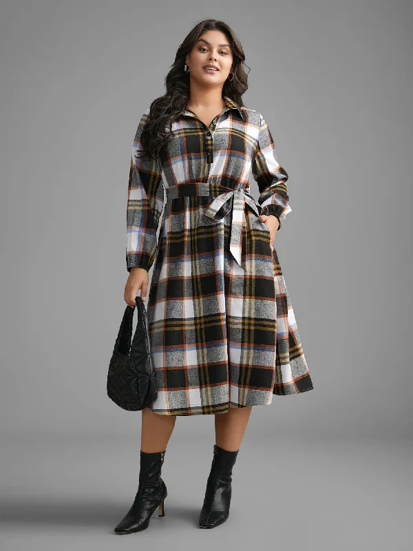 Plaid Button Up Belted Knit Dress Winter Wardrobe Clearance