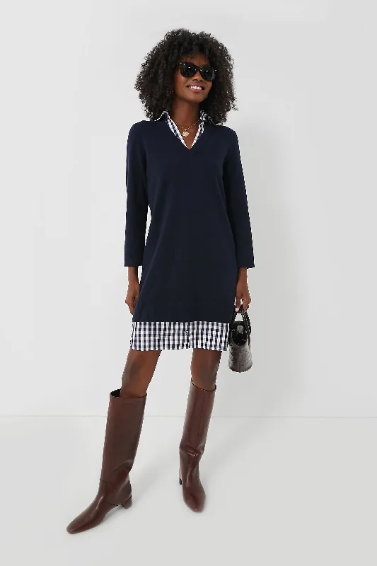 Navy Wool and Cotton Combo Sweaterdress Formal Outfit For Women