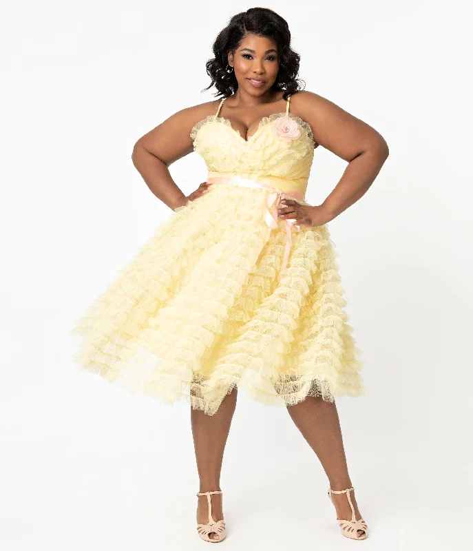 Unique Vintage Plus Size 1950s Yellow Tulle Cupcake Swing Dress Women's Contemporary Clothing