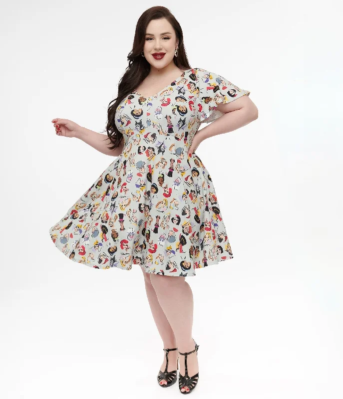 Disney Princess Collection by Unique Vintage Plus Size Grey Princess & Villain All Over Print Fit & Flare Dress Weekend Sale