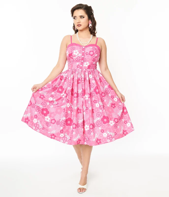 Barbie x Unique Vintage Pink Barbie Print Swing Dress Sophisticated Style