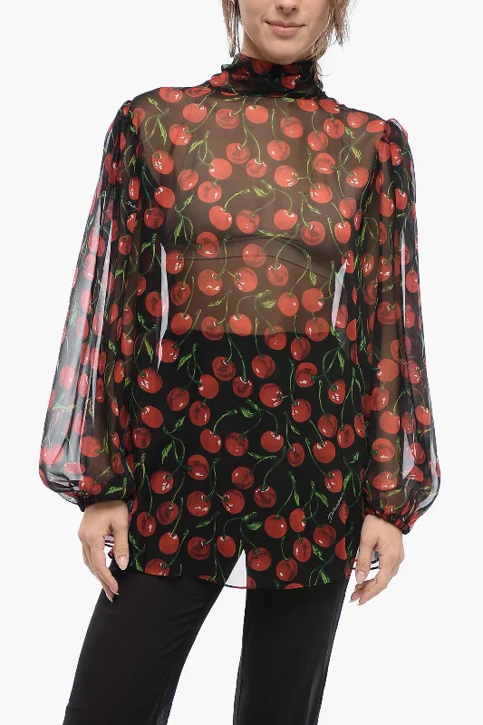 Dolce & Gabbana Silk Chiffon Cherry Tie Neck Blouse Women's Vacation Garments