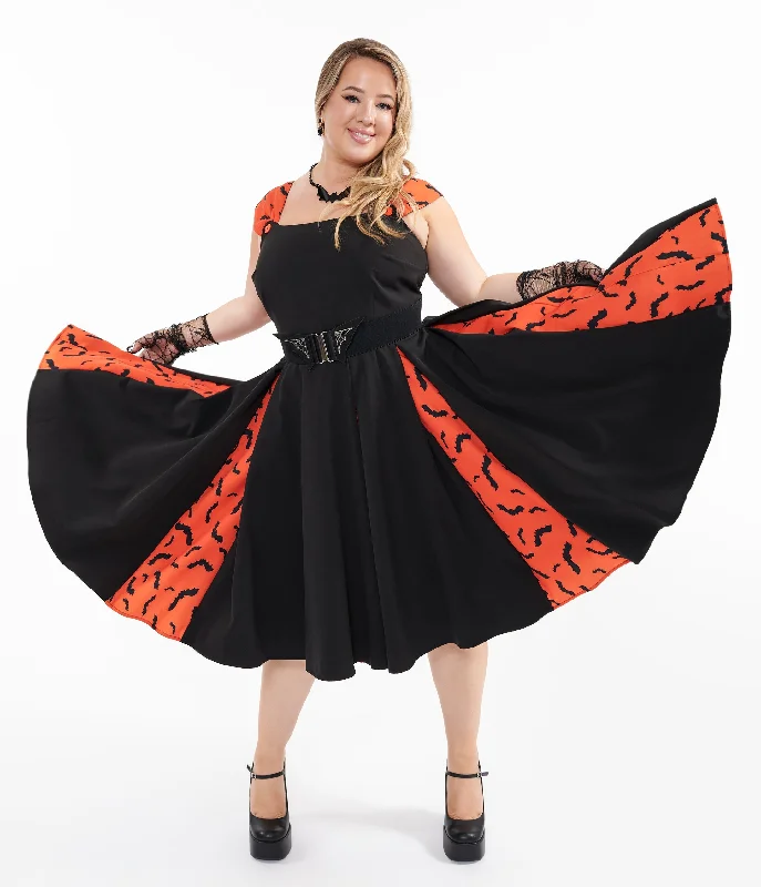 Unique Vintage Plus Size 1950s Orange & Black Bat Stripe Swing Dress Tailored Clothing For Women