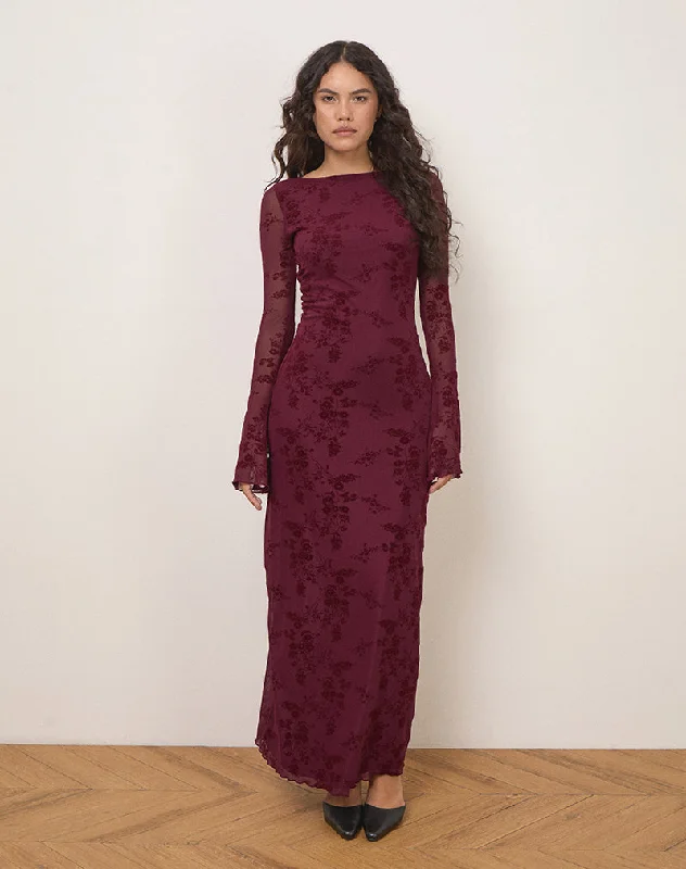 Shaleed Dress in Botanical Flower Maroon Women's Clothing For Everyday Wear