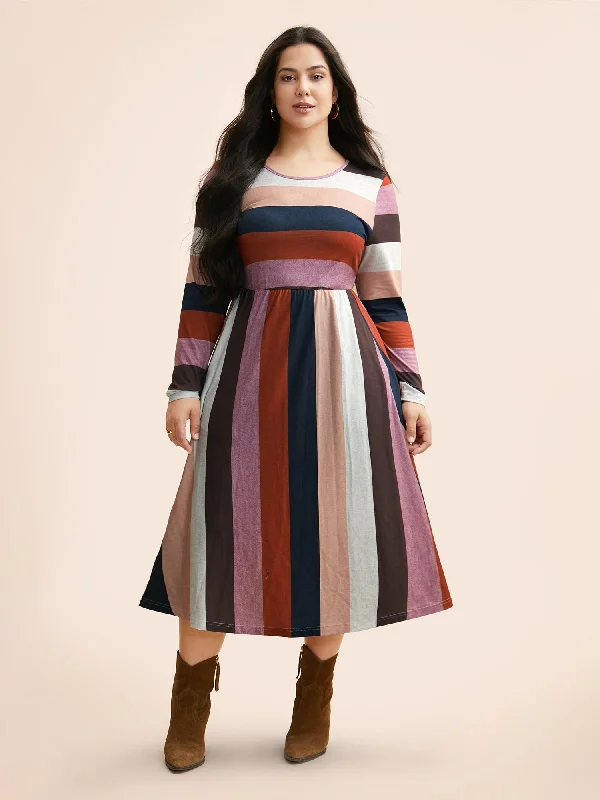 Striped Contrast Crew Neck Knit Dress Women's High-End Clothing