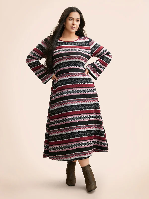 Geometric Striped Bell Sleeve Knit Dress Clothing For Women