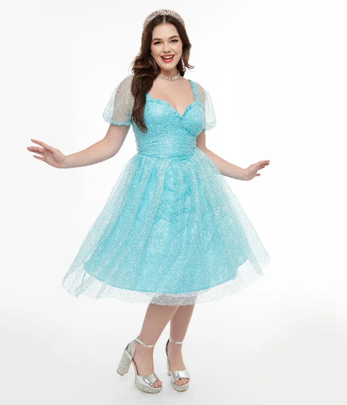 Disney Princess collection by Unique Vintage Blue Sequin Mesh Short Sleeve Cinderella Dress Fashion Women's Clothing