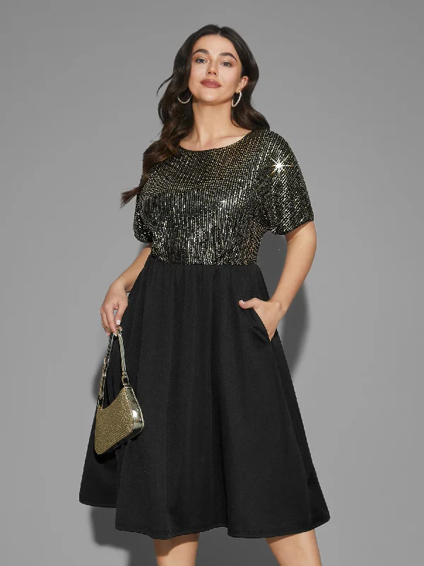 Sequin Patchwork Dolman Sleeve Dress Women's Formal Event Clothing