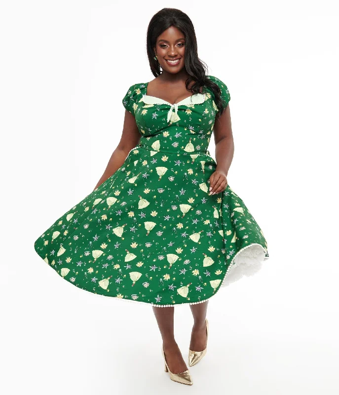 Disney Princess collection by Unique Vintage Plus Size Green Princess Tiana All Over Print Swing Dress Best Online Women's Boutiques