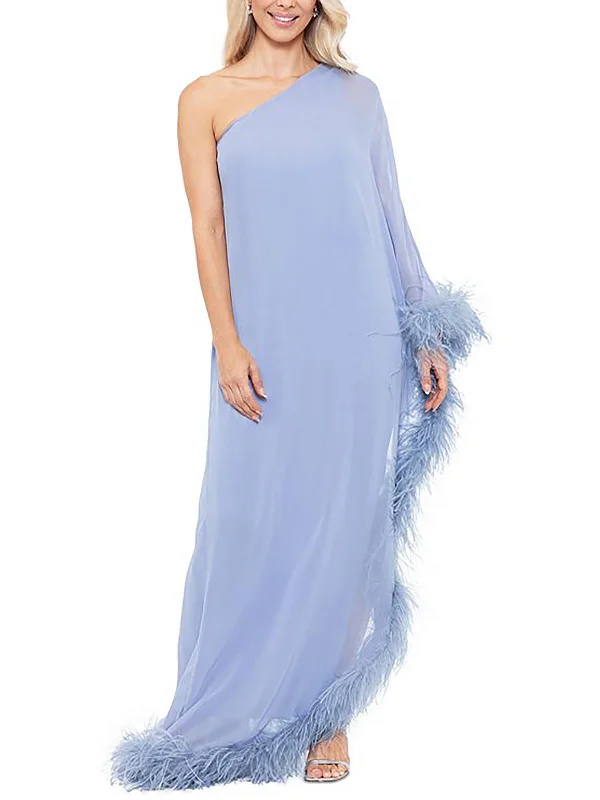 Womens Feather Trim One Shoulder Evening Dress Sustainable Women's Apparel